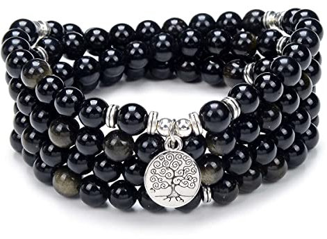 Baum des Lebens Charm 108 Mala Gebetsperlen Armband Heilung Beruhigende Mala Halskette für Yoga Meditationspraxis (Gold Obsidian (Goldener Obsidian))