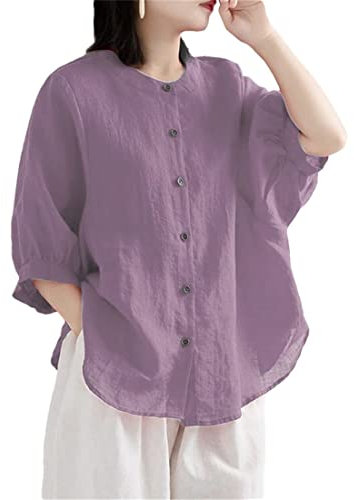 Zadaos Camicie di lino in cotone da donna estiva 2023 Camicette vintage con bottoni, Viola, L