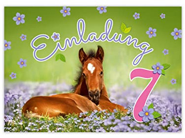 Minkocards 12 Einladungskarten zum 7. Kindergeburtstag Mädchen Pferd Einladung siebte Geburtstag Kinder bunte Geburtstagseinladungen