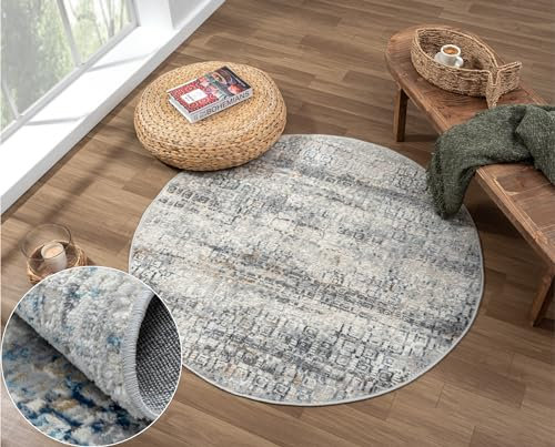 MY-RUG Teppich Hanne 2 rund Beige/Blau 120 x 120 cm Runder Esszimmerteppich in kurzflor, Badezimmerteppich in Beige Grau meliert für das Wohnzimmer