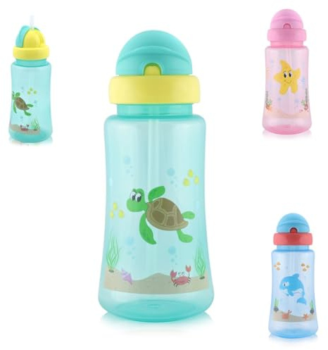 Baby Care Kinder Trinkflasche Sport Sipper 330 ml Strohhalm, Tiere, Schutzdeckel, Farbe:grün