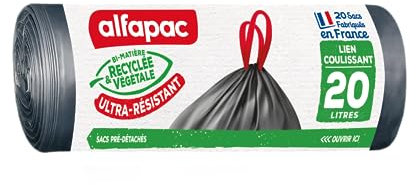Alfapac - 20 bolsas de basura de 20 L con enlace deslizante ultrarresistente - fabricadas en Francia - Bimaterial reciclado y vegetal