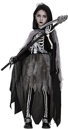 Ulikey Sensenmann Mädchen Kostüm, Sensemann Kostüm Kinder, Halloween Sensenmann Robe Set mit Kapuzengewand, Taillenkette, Skelett Handschuhe, Im Dunkeln Scream Kostüm für Halloween Cosplay (4-6 Jahre)