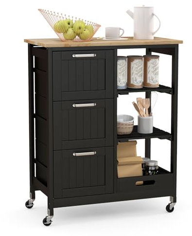 COSTWAY Kitchen Island Cart, Rolling Storage Trolley with 3 Drawers, Open Shelves and Wheels, Mobile Serving Utility Cart Organiser for Dining Room Restaurant Bar (Black)