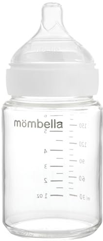 Mombella Glass Baby Bottle, Biberon classique en verre pour 0 3 6 mois avec tétine à débit lent, biberon anti-colique pour bébé, biberon sans air pour les bébés qui allaitent, 6 oz/180 ML, ivoire