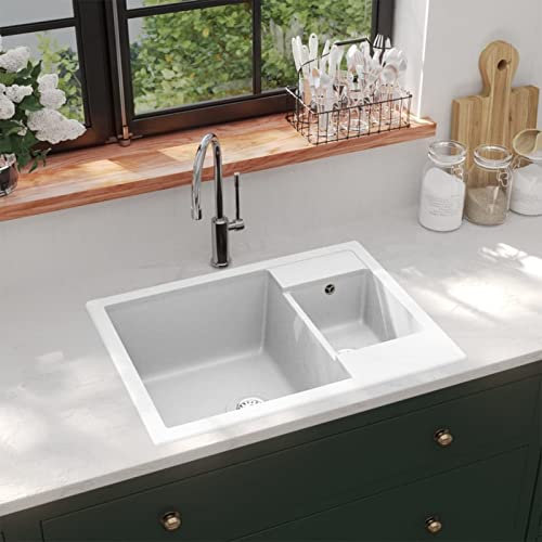 BaraSh Fregadero de Cocina Doble Seno con rebosadero Granito Blanco Fregaderos Modernos para Cocina