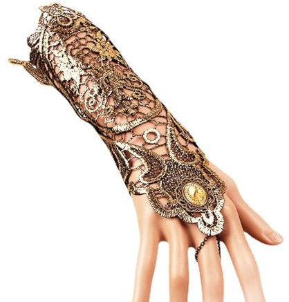 KieTeiiK Gothic Steampunk Spitze Manschette Fingerlose Handschuh Spitze Gold Handschuhe Armband Schwarz Gold Armwärmer Für Fotoshooting Gold Handschuhe Kostüm Für Mädchen Frauen