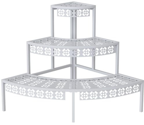 3 Tier Plant Stand Semi-Circular Flower Pot Organizer Rack Quarter Round Plant Display Holder Outdoor Storage Shelves Metal Corner Shelf Planter Shelving Ladder Plant Stand for Indoor Use(White)