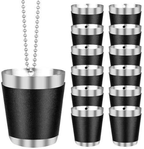 MEYAGOT 12 Stück 30ml Schnapsgläser mit Kette, Schnapsgläser Edelstahl Schwarz, Tragbar BPA-Frei Shotgläser Metall Becher zum Umhängen, Edelstahlbecher für Camping Wandern Party Deko