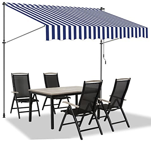 Eulenke Klemmmarkise Balkonmarkise 300 cm breit, Markise ohne Bohren mit Handkurbel, UV-beständig, Sonnenschutz und Wasserdicht, Blau Weiß
