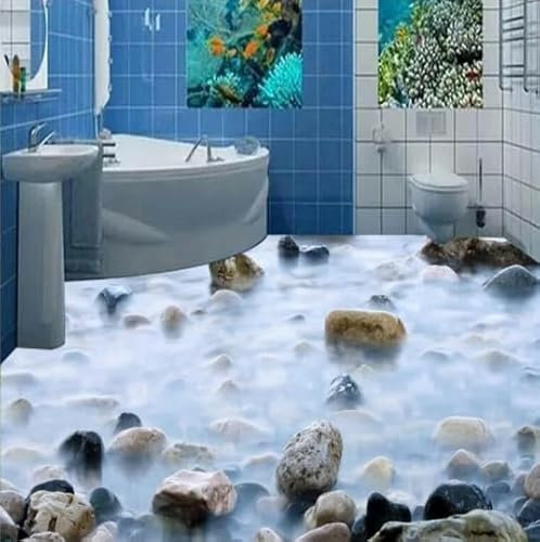 Benutzerdefinierter Bodenbelag, HD-Kiesel-Badezimmer, 3D-Bodenmalerei, dreidimensionale Bodenfliesen, dicker, tragbarer wasserdichter PVC-Boden, 300 cm x 210 cm