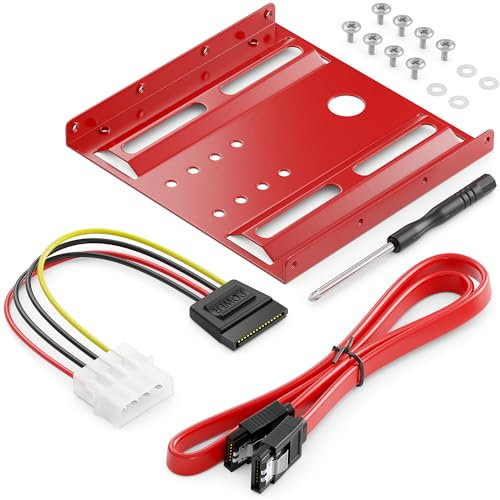 deleyCON Cadre de Montage pour Disques Durs 2,5 SSD's sur 3,5 Adaptateur Cadre Amovible Cadre de Montage Support Rails avec Vis Adaptateur d'alimentation Câble SATA & Tournevis - Rouge