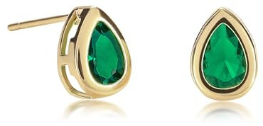 Zavana Petites Boucles d'Oreilles Vert Emeraude en Plaqué Or en Goutte en Solitaire, Simples Boucles d'Oreilles Or pour Femme et Jeune Fille avec des Pierres Vertes en Poire en Serti Clos