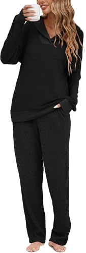 Famulily Women's Pyjama Sets Casual Drop Shoulder Long Sleeve Top with Ribbed Long Pants Lounge Wear Black L