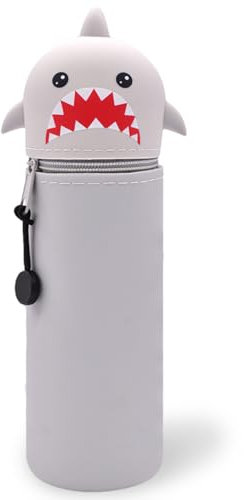 MKKZLPN 2 in 1 Weiche Silikontasche Federmäppchen, Tischstifthalter, Reißverschluss, Silikon, Stiftetasche Buntstifte Marker, Büro, Uni, niedlicher Schulbedarf, Mädchen (Grauer Hai)