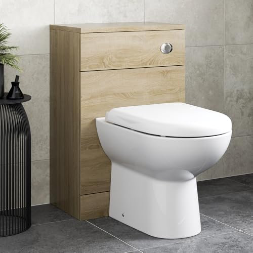 Affine® 500mm Bathroom Back to Wall BTW Toilet WC Cloakroom Furniture Unit Pan Soft Close Seat, Dual Flush Freestanding Modern, Oak Wood