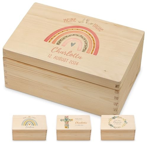 Lilletå ® Erinnerungsbox Taufe (001.09) - Regenbogen Datum - Erinnerungskiste Baby mit Hochwertigem Farbdruck - Baby Kind Erinnerungsbox Holz - Geschenk Geburt Mädchen Junge