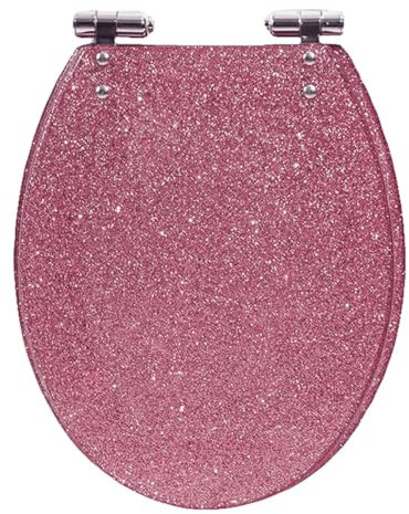 Runder WC-Sitz mit langsam schließendem Deckel und Schnellentriegelungsfunktion für rutschfestes Harzmaterial, 41,5 cm, glitzernd, Pink