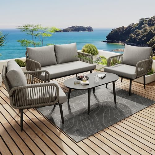 Merax Ensemble de meubles de jardin en acier galvanisé avec canapé 2 places, 2 fauteuils et table basse, coussins confortables, plateau en verre imitant le grain du bois