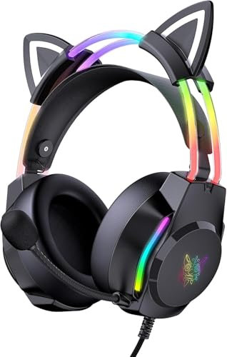 ONITOON Gaming Headset mit Katzenohren & Mikrofon – RGB-Regenbogenbeleuchtung & 7.1 Virtual Surround Sound – 3,5-mm-kabelgebundene Over-Ear-Kopfhörer für PC/PS4/PS5/Xbox/Switch (Ergonomisches Design)