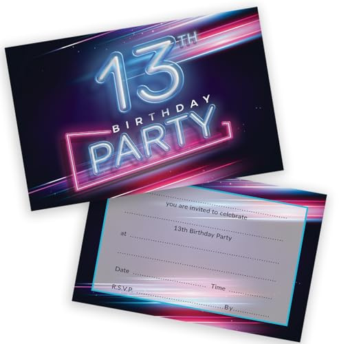 Party-Einladungen zum 13. Geburtstag für Teenager – Disco Neonlichter – Kindergeburtstagseinladungen für Jungen/Mädchen A6 Geburtstagsparty-Einladungskarten mit Klappumschlägen, 36 Stück