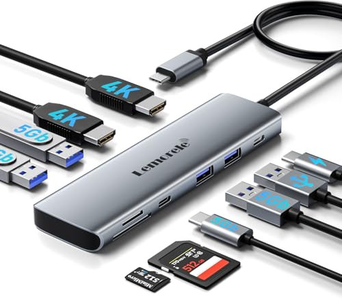 Lemorele Aluminum Docking Station Dual HDMI, 10-in-1 USB C Hub to 2 HDMI 4K, 4 USB 3.0/2.0, 100W PD Fast Charging, SD/TF Dual Display Multiport Adapter for Macbook/Dell/Acer/Lenovo/Acer etc.