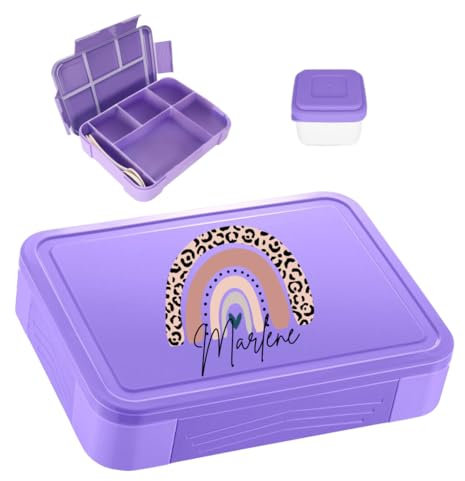 minimutz Brotdose personalisiert, Brotzeitdose Kinder mit vielen Fächern, Lunch Box mit Name BPA-frei auslaufsicher, Bento Box Set mit buntem Aufdruck Regenbogen (lila)