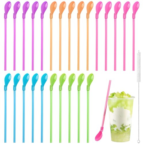 20PCS Slush Straw Spoon 2-in-1 with 2 Brushes (15CM),Reusable Plastic Straws for Smoothies, Milkshakes, Coffee & Cocktails,Kitchen,Accessories`