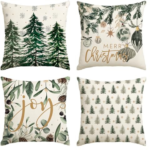 Artoid Mode Kugeln Kiefern Eukalyptus Schneeflocken Weihnachten Kissenbezüge 4er Set, 40x40 cm Christmas Zierkissenbezug Cushion Cover Couch Deko
