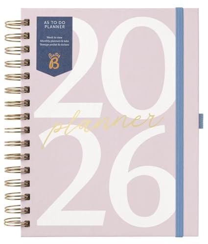 Busy B 2026 A5 Spiral Diary - Weekly Planner Journal – Desk Diary for Work or Home - Monthly Planning for Prioties and Goals with Tabs, Stickers, Pocket & Elastic Closure - Pink Graphic