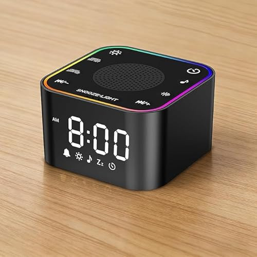 HUO JI Digitaler Wecker mit Weißrauschen-Maschine 30 Non-Looping Sounds für Tiefschlaf - Sanftes Aufwachen mit einstellbarem RGB Licht, Memory & Timer für Erwachsene, Kinder, Babys (Schwarz)