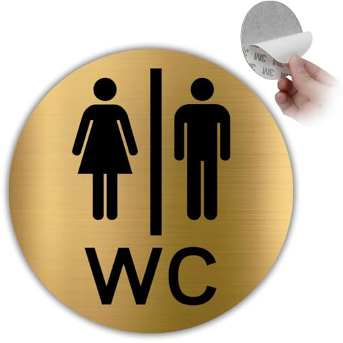 LEIASA | Plaque WC Unisexe - Ø 10 cm - Aluminium Doré - Cabinet Tout Public | Adhésif WC Neutre, Pictogramme Cabine Aisances, Insigne Porte Ouverte à Tous, Marquage Lave-Mains, Pastille Commune