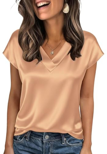 OLIPHEE T-Shirt Satin Tee Shirt Femme Col V Manches Courtes Top Femme Été Chemisier Femmes Satin décontracté Travail Tshirt Femmes Été Élégant
