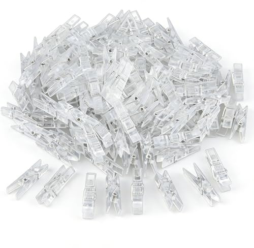 AEUXZA 100 Pezzi Mini Mollette Trasparenti con Scatola Piccole Mollette in Plastica per Foto, Decorazioni, Luci, Fai da Te e Bucato