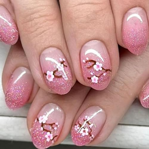 Ceboic 24 Pièces Court Rond Faux Ongles, Rose Paillettes Ongles à Coller, Fleur de Pêcher Naturel Acrylique Press on Nails, Reutilisable Couverture Complète Capsules Ongles pour Femmes et Filles