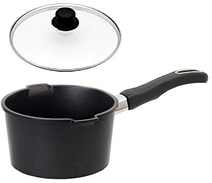 Original Gundel Universal Milchtopf INDUKTION Ø 16 cm - Höhe 9 cm, Fassungsvermögen 1 l - mit Glasdeckel inkl. Deckelknopf (entlüftbar) und abnehmbarem Griff, Biotoan-Oberfläche, Akku-Therm Boden