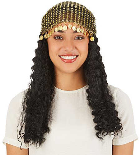tectake dressforfun Frauenperücke Wahrsagerin | Schönes, mittellanges Haar | Inkl. Kopftuch aus Paillettenstoff und mit Metallmünzendeko