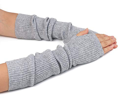 F Flammi Damen gemütlich mit Wolle Langen, Fingerlose Handschuhe Armstulpen mit fingerlöchern strick Einheitsgröße Hellgrau