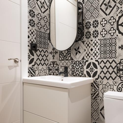 RE-COVERTILES - Autocollants Carrelage Salle de Bain et Cuisine 24 Pcs 10x10 cm - PS00063 Décoration murale en carrelage mosaïque PVC imperméable style carreaux de ciment Azulejos