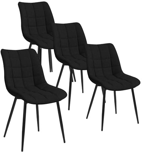 WOLTU Esszimmerstühle 4er Set Küchenstuhl Polsterstuhl Wohnzimmerstuhl Sessel mit Rückenlehne, Sitzfläche aus Leinen, Metallbeine, Schwarz BH206sz-4