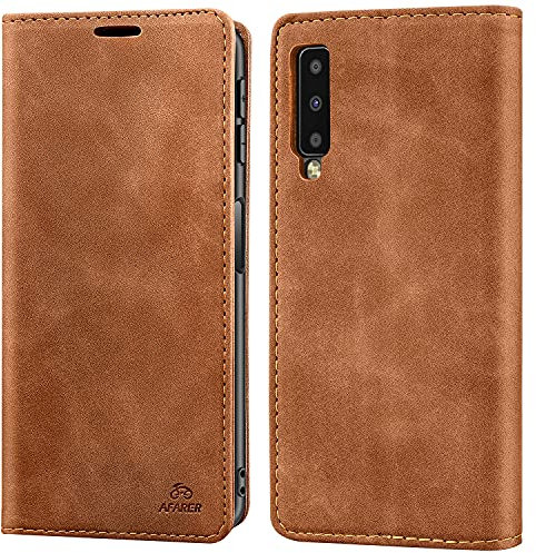 AFARER Handyhülle für Samsung Galaxy A7 2018 SM-A750FN, mit Magnetverschluss klapphülle, Brieftasche Ledertasche Leather Wallet case Stoßfest Schutz mit Kartenhalter,Klappbar Ständer - Braun