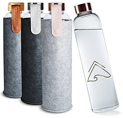 REFYLL Botella de agua de vidrio con funda de fieltro pureFyll I Botella de vidrio de borosilicato de 750 ml I Libre de BPA I Botella de agua diseñada de 0.75L con funda (Oro rosa)