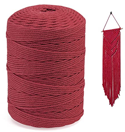 Homewit Makramee Baumwolle Garn 3 mm x 300 m, Weihnachtsrot Natürliche Baumwollgarn Kordel-Strickarbeiten Kettgarn Baumwollschnur für Dekorative Projekte, Pflanzenhänger - Dunkelrot