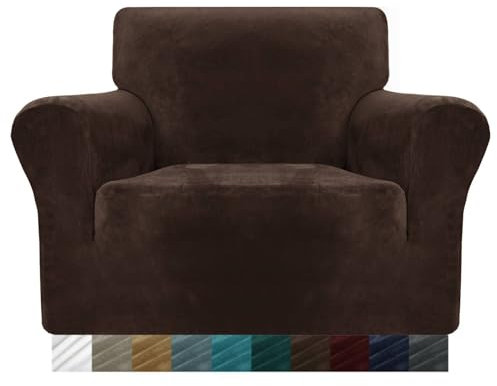 MAXIJIN Dicke Samt Stuhlbezüge für Sessel Stretch rutschfeste Sofabezug 1-Sitzer Hunde Katze Haustier Wohnzimmer 1-teiliger Sofa Protector Stuhlbezug (1 Sitzer, Dunkler Kaffee)