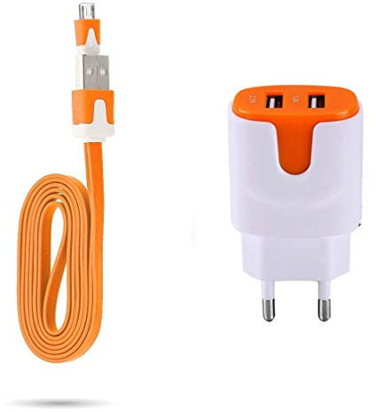 Pack Chargeur pour WIKO Y81 Smartphone Micro USB (Cable Noodle 1m Chargeur + Double Prise Secteur Couleur USB) (Orange)