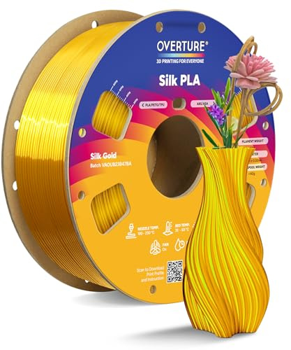 OVERTURE Silk PLA 3D Printer Filament 1.75mm 1kg, Metallic Silk Gold | Premium Silky-Smooth, High-Gloss Finish, Less Tangle & Hassle, Accuracy +/- 0.02mm, Fits Most FDM Printers (Silk Gold)