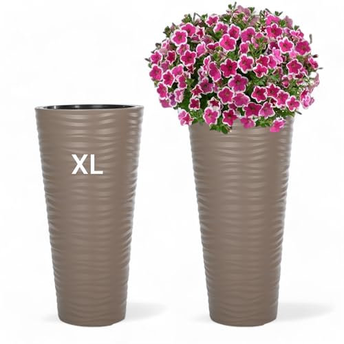 Blumenkübel Blumentopf Rund mit Herausnehmbaren Einsatz 3D Effekt Wellen Taupe Größe XL