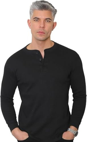 Long Sleeve Henley T Shirt Mens Grandad Shirt Mens Tops Casual Waffle Knit Button Shirt 2208 Black XXL