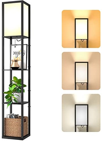 Stehlampe mit Regal aus Holz, Stehlampe Wohnzimmer mit E27 Birne 3 Farbtemperatur, Stehleuchte 1.62M mit Lampenschirm, Moderne Schwarz Standleuchte mit 3 Holzregale für Whonzimmer Schlafzimmer Büro