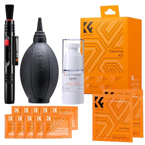 K&F Concept 15-in-1 Camera Lens Cleaning Kit for DSLR, Cell Phones - Air Blowing, Wipes*10, 15ml Cleaning Cloths, Vacuum Cloth*2, Lens Pen